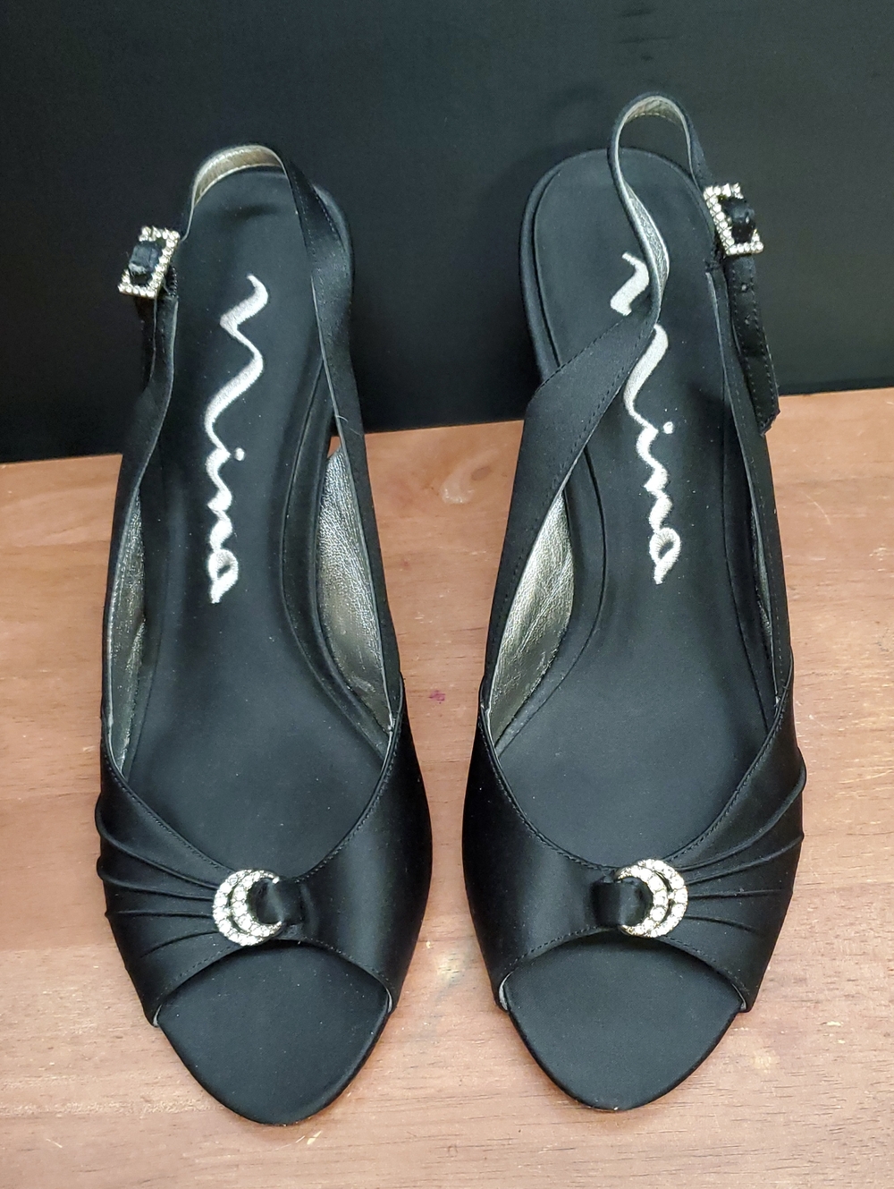 Nina Black Satin Slingback Peep-Toe Heels with Rhinestone Buckle